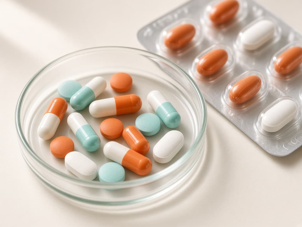 Capsules and tablets in a glass dish beside a blister pack