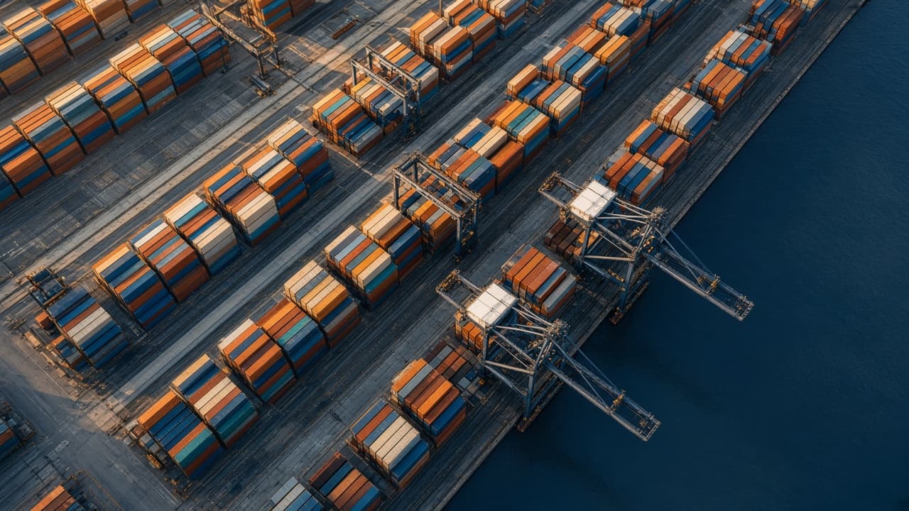 Aerial view of a container terminal at golden hour