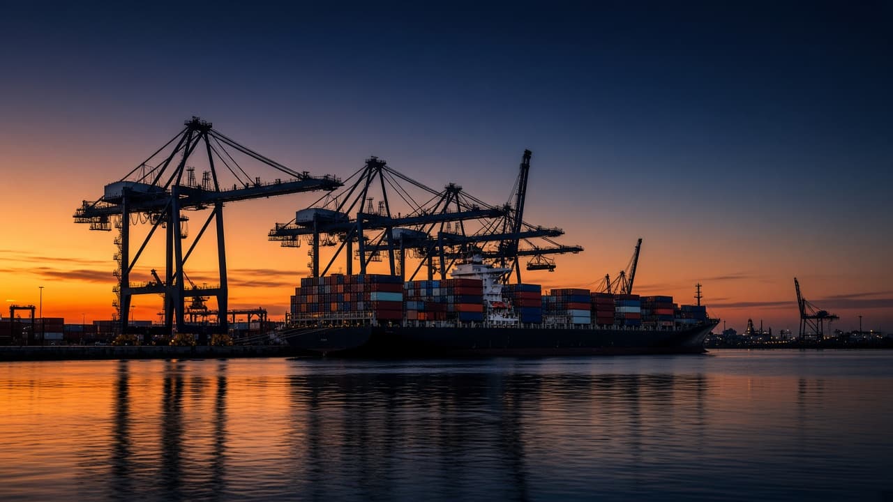Gantry cranes and a container ship at dusk