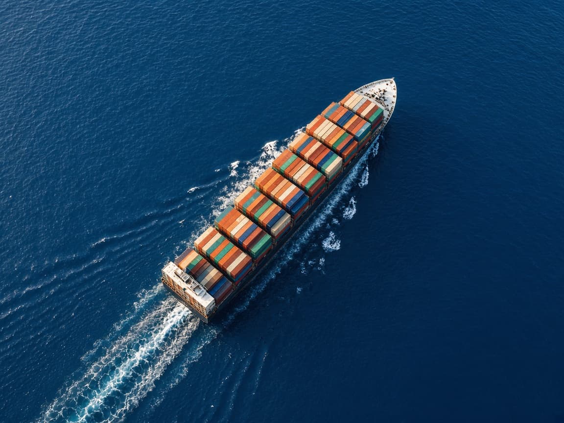 Container ship crossing a deep blue ocean, seen from above