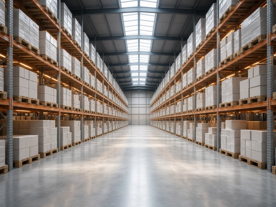 Pharmaceutical warehouse aisle with neatly stacked pallets